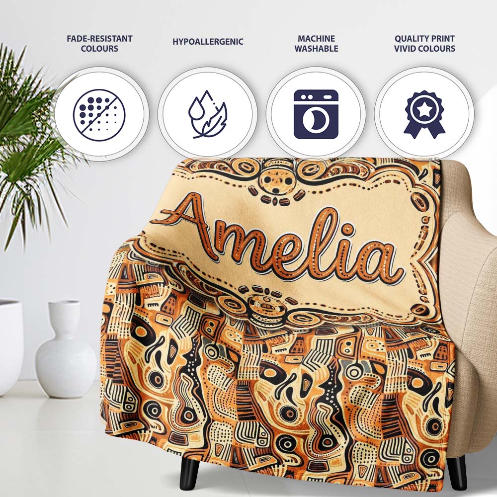 Abstract Tribal Line Art Pattern with Organic Shapes in Earthy  Personalised Custom Name Super Soft Fleece Blanket Bed Sofa Throw
