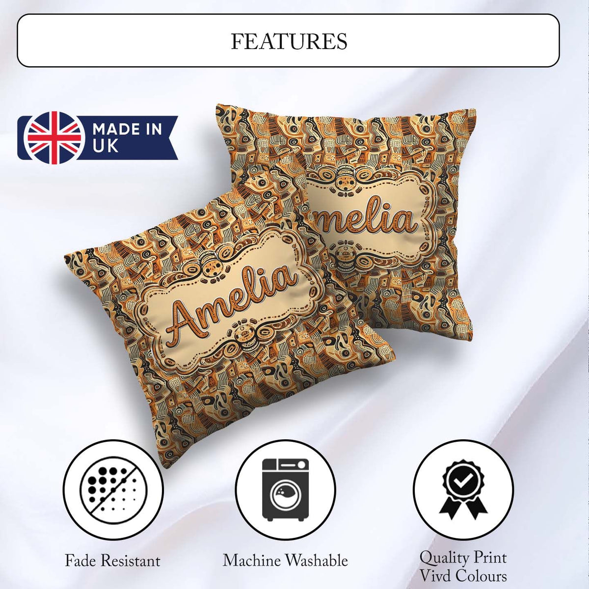 Custom Name Abstract Tribal Line Art Pattern with Organic Shapes Square Filled Cushion Throw Pillow Sofa Bed Home Decor Zip Washable UK Made
