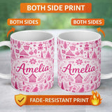 Personalized Custom Name Cute Pink Christmas Folk Art Tree House Floral Seamless Pattern 11oz Ceramic Coffee Tea Mug White Large Handle
