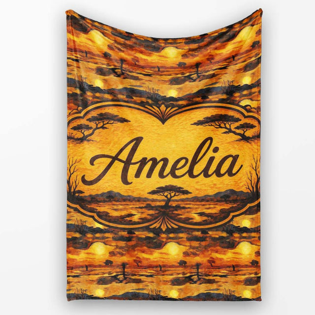 Textured African Landscape with Sunset Scene and Silhouettes in Warm  Personalised Custom Name Super Soft Fleece Blanket Bed Sofa Throw