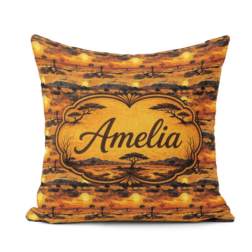 Custom Name Textured African Landscape with Sunset Scene in Warm Square Filled Cushion Throw Pillow Sofa Bed Home Decor Zip Washable UK Made