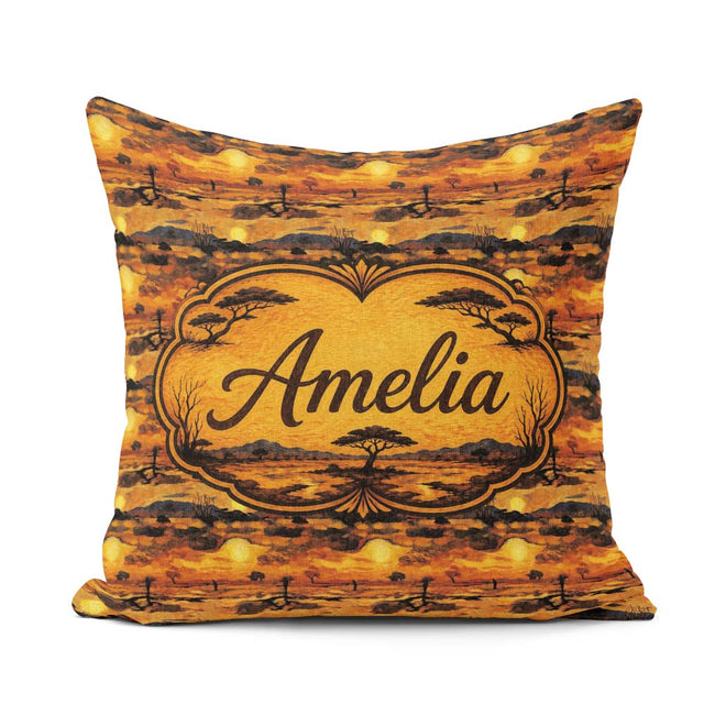 Custom Name Textured African Landscape with Sunset Scene in Warm Square Filled Cushion Throw Pillow Sofa Bed Home Decor Zip Washable UK Made