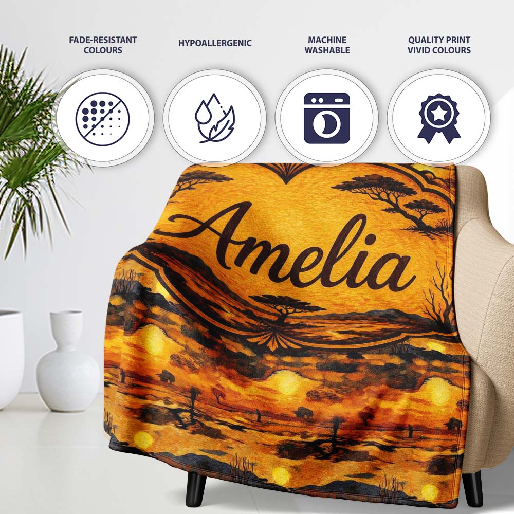 Textured African Landscape with Sunset Scene and Silhouettes in Warm  Personalised Custom Name Super Soft Fleece Blanket Bed Sofa Throw