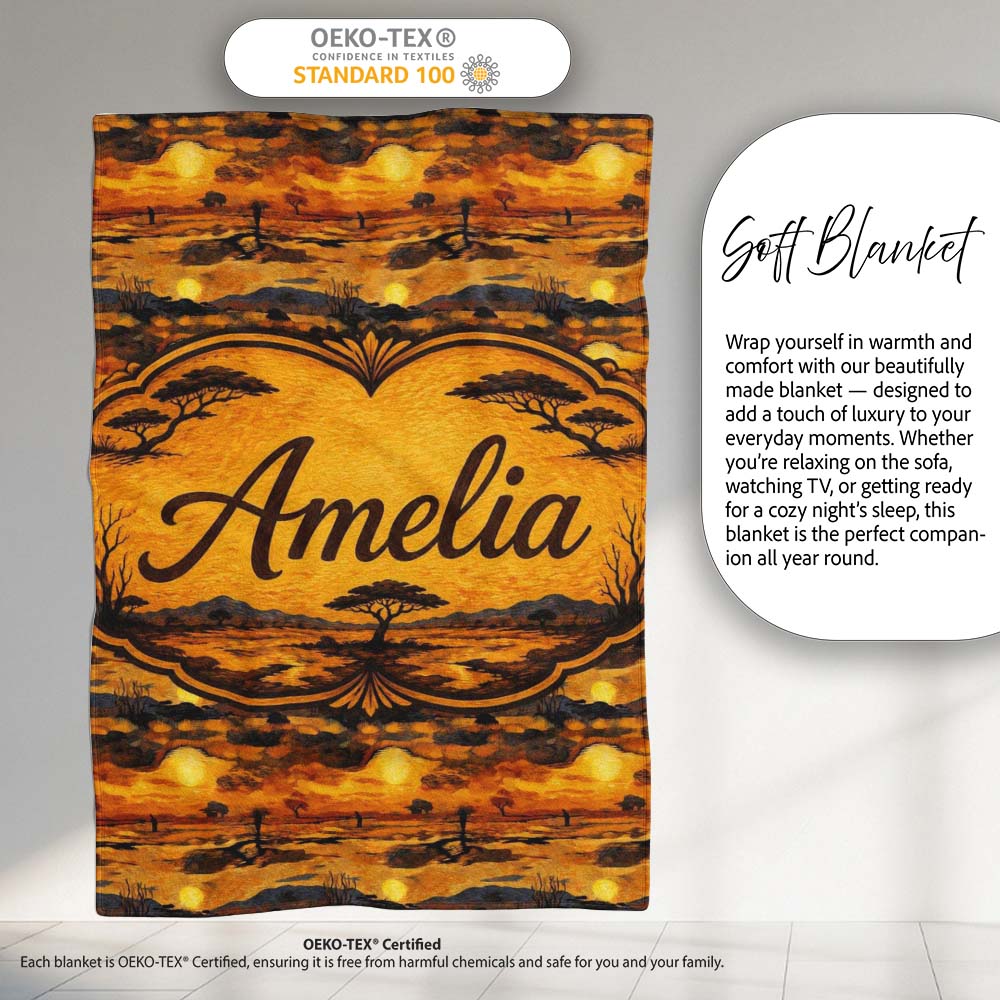 Textured African Landscape with Sunset Scene and Silhouettes in Warm  Personalised Custom Name Super Soft Fleece Blanket Bed Sofa Throw