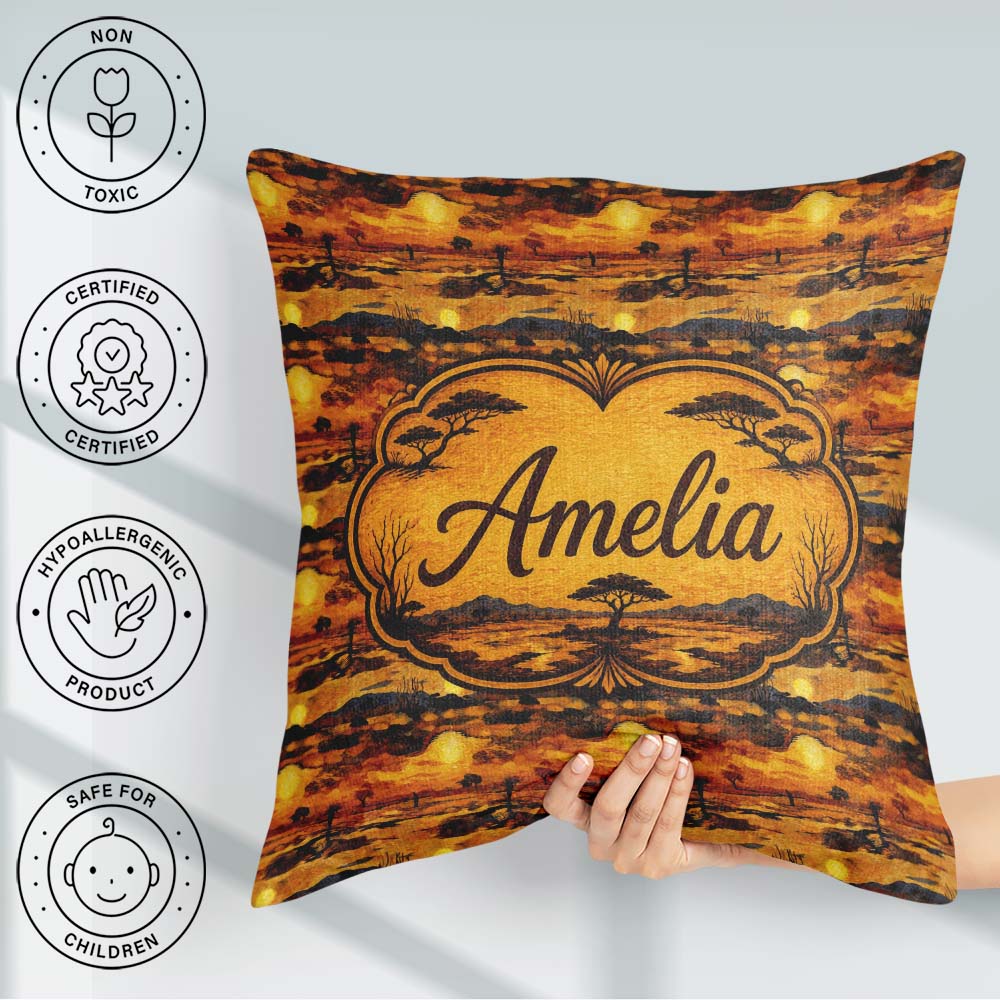 Custom Name Textured African Landscape with Sunset Scene in Warm Square Filled Cushion Throw Pillow Sofa Bed Home Decor Zip Washable UK Made