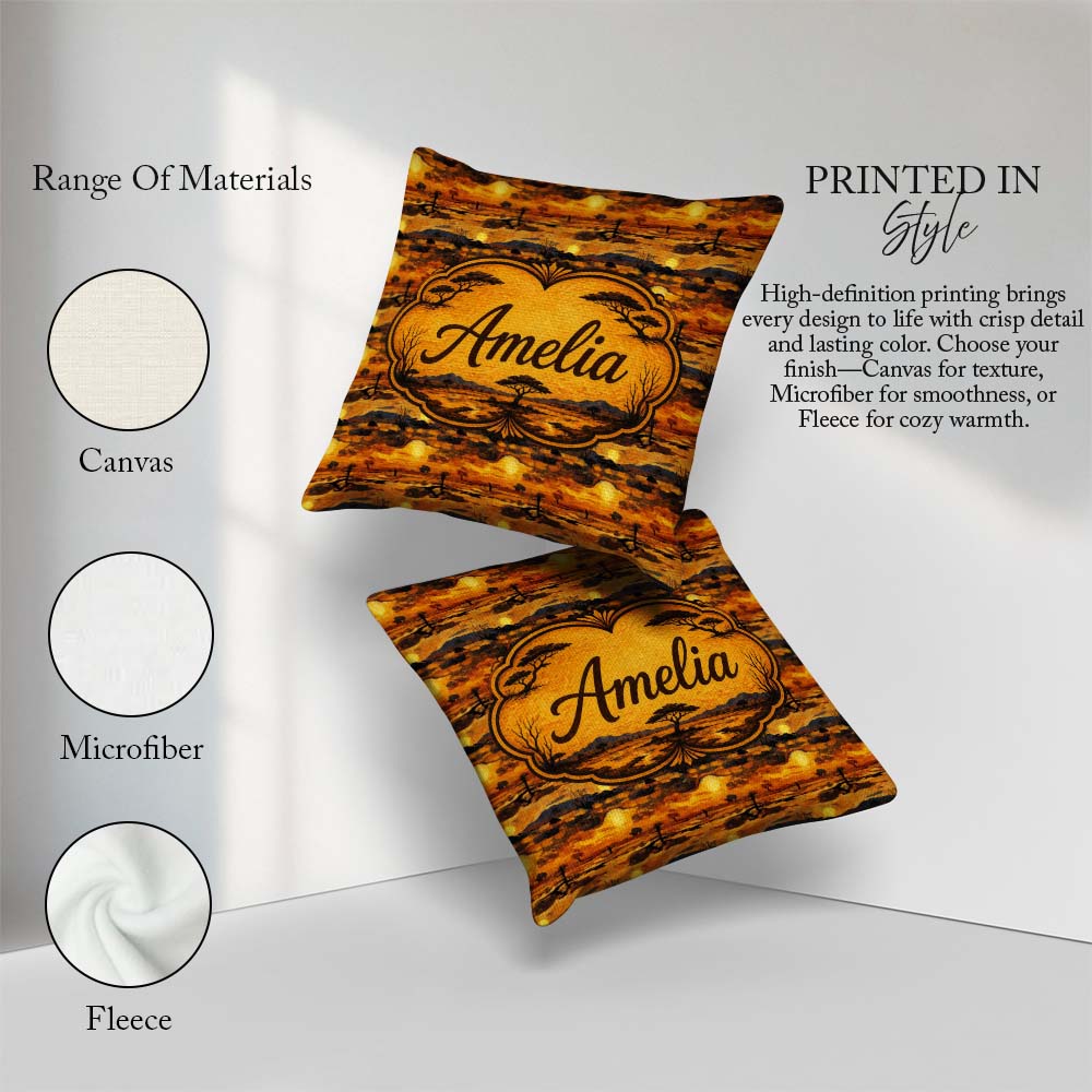 Custom Name Textured African Landscape with Sunset Scene in Warm Square Filled Cushion Throw Pillow Sofa Bed Home Decor Zip Washable UK Made