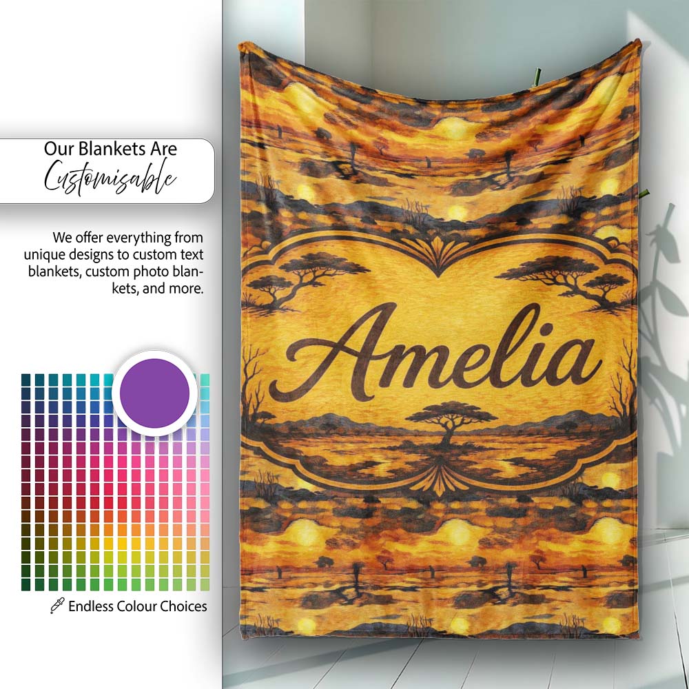 Textured African Landscape with Sunset Scene and Silhouettes in Warm  Personalised Custom Name Super Soft Fleece Blanket Bed Sofa Throw
