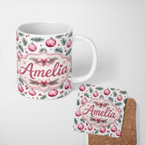 Personalized Custom Name Watercolor Pink Baubles Pine Branches Berry Christmas Seamless 11oz Ceramic Coffee Tea Mug White Large Handle