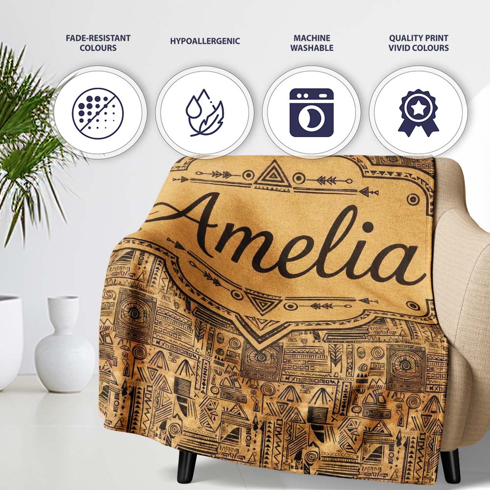Vintage Tribal Illustration Pattern with Hand Drawn Symbols in Sepia  Personalised Custom Name Super Soft Fleece Blanket Bed Sofa Throw