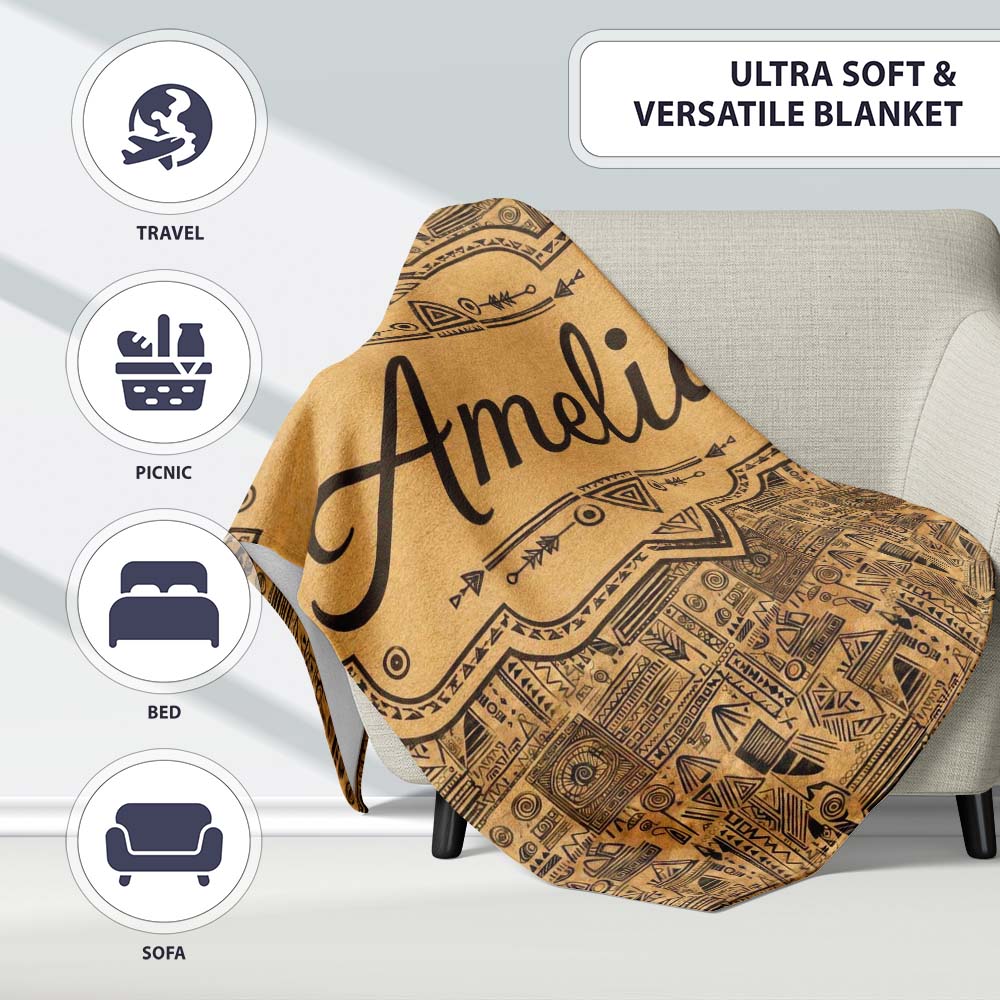 Vintage Tribal Illustration Pattern with Hand Drawn Symbols in Sepia  Personalised Custom Name Super Soft Fleece Blanket Bed Sofa Throw