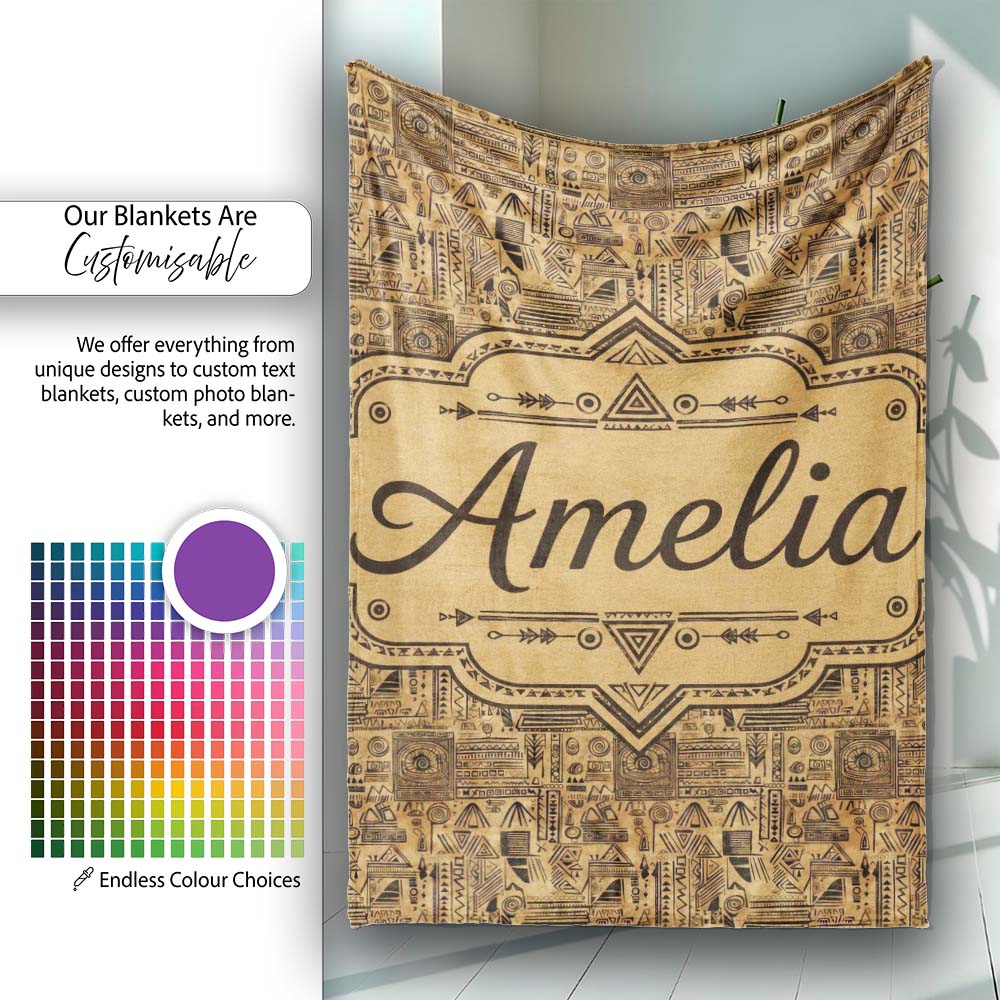 Vintage Tribal Illustration Pattern with Hand Drawn Symbols in Sepia  Personalised Custom Name Super Soft Fleece Blanket Bed Sofa Throw