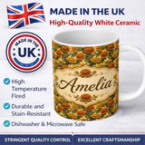 Personalized Custom Name Bold Vintage Orange Poppy Floral Pattern on Warm Beige Background 11oz Ceramic Coffee Tea Mug White Large Handle