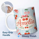 Personalized Custom Name Cute Cherry Fruit with Bow and Sprinkles Pattern Blue Stripe Lovely 11oz Ceramic Coffee Tea Mug White Large Handle