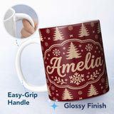 Personalized Custom Name Vintage Knitted Christmas Tree Snowflake Seamless Pattern Lovely 11oz Ceramic Coffee Tea Mug White Large Handle