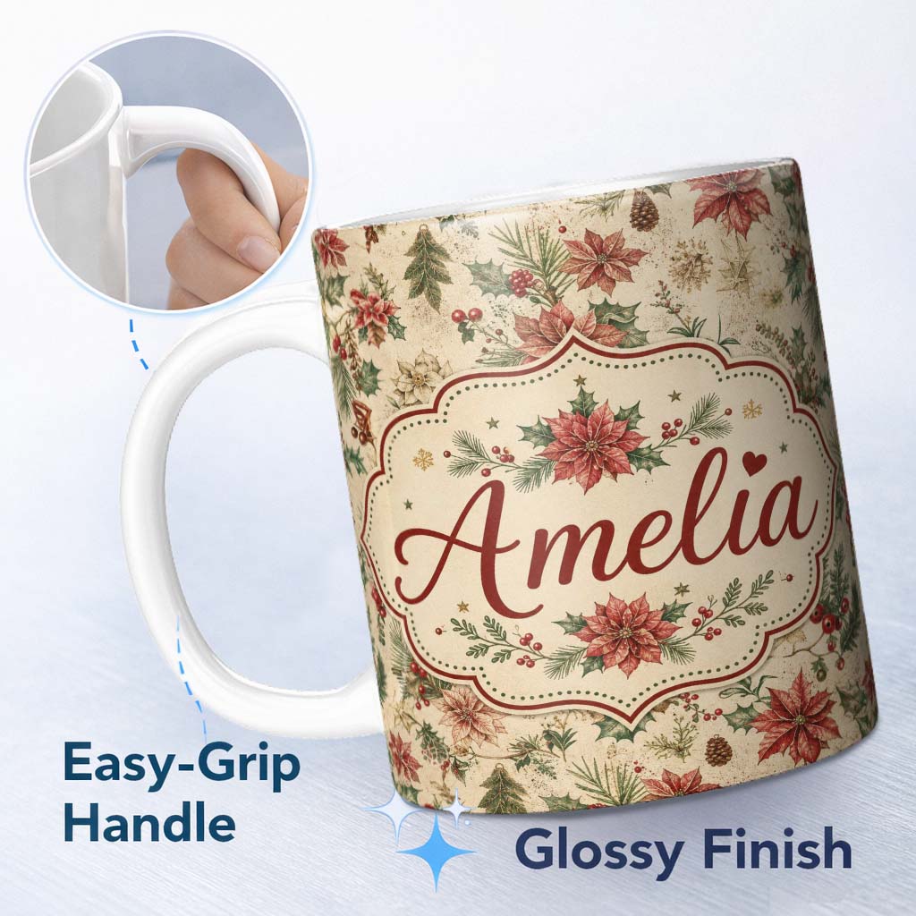 Personalized Custom Name Vintage Christmas Floral with Holly Poinsettia and Pine Classic 11oz Ceramic Coffee Tea Mug White Large Handle