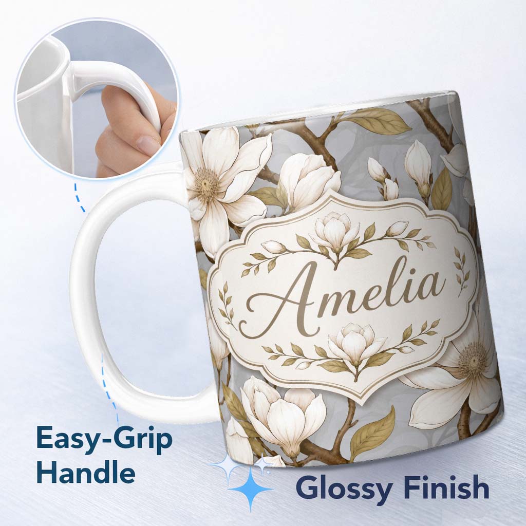 Personalized Custom Name Vintage Style Magnolia Flowers with Branches Seamless Pattern Lovely 11oz Ceramic Coffee Tea Mug White Large Handle