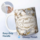 Personalized Custom Name Vintage Style Magnolia Flowers with Branches Seamless Pattern Lovely 11oz Ceramic Coffee Tea Mug White Large Handle