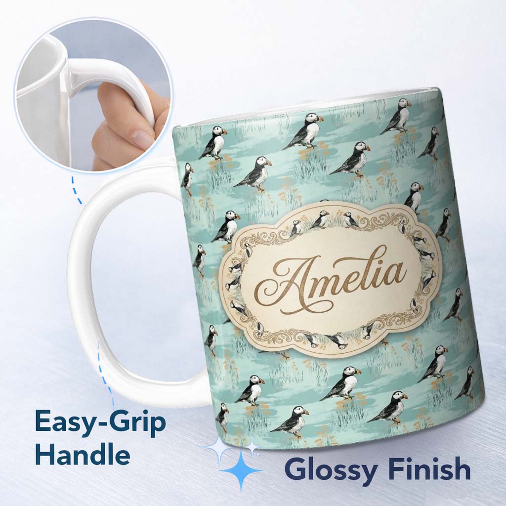 Personalized Custom Name Watercolor Puffin Meadow Pattern Soft Wildflower Landscape Seamless 11oz Ceramic Coffee Tea Mug White Large Handle