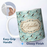 Personalized Custom Name Watercolor Puffin Meadow Pattern Soft Wildflower Landscape Seamless 11oz Ceramic Coffee Tea Mug White Large Handle