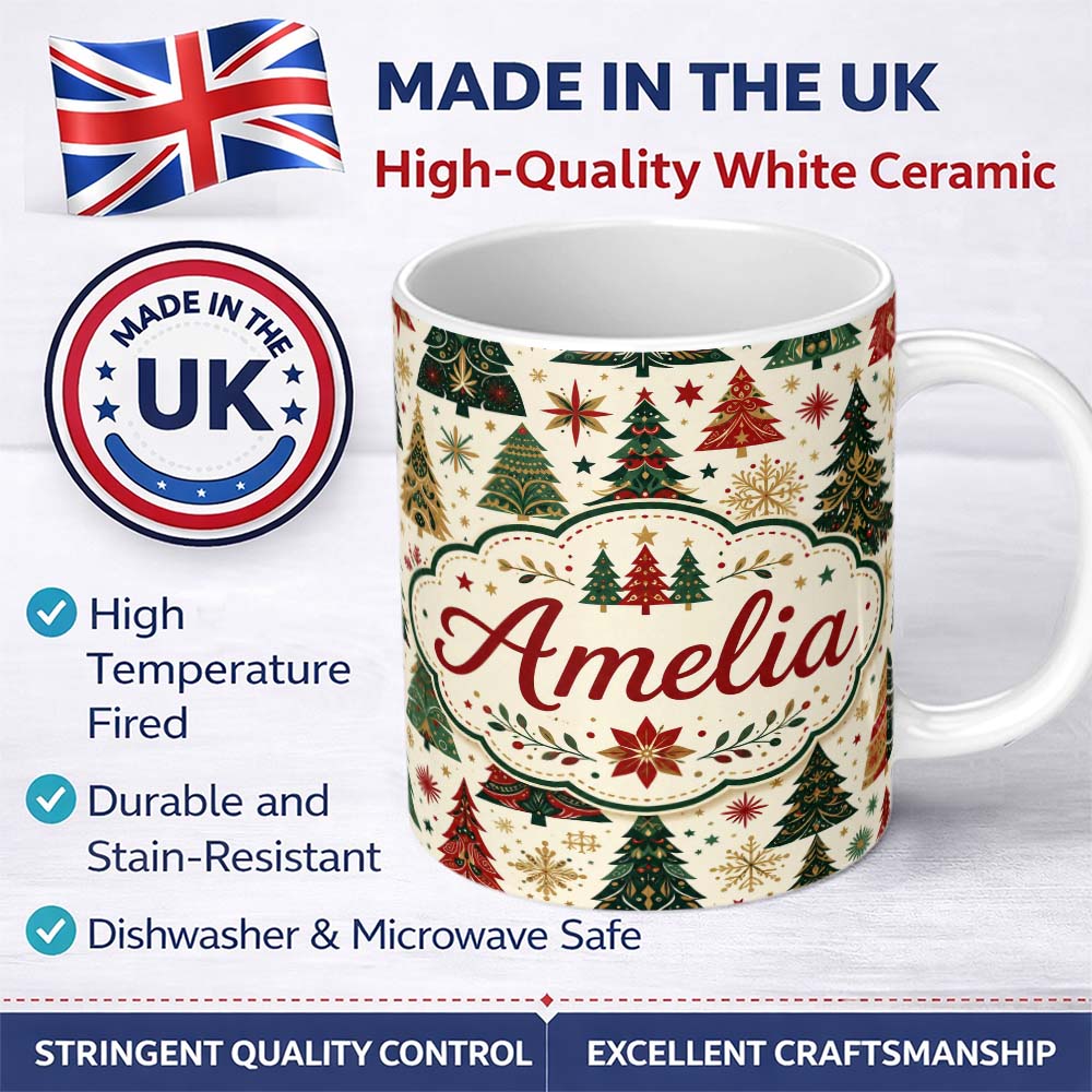 Personalized Custom Name Ornate Christmas Trees Snowflakes Stars Vintage Holiday Seamless 11oz Ceramic Coffee Tea Mug White Large Handle