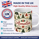 Personalized Custom Name Ornate Christmas Trees Snowflakes Stars Vintage Holiday Seamless 11oz Ceramic Coffee Tea Mug White Large Handle