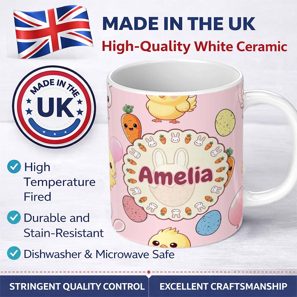 Personalized Custom Name Cute Easter Bunny Chick Eggs Carrot Cute Seamless Pattern Blush 11oz Ceramic Coffee Tea Mug White Large Handle