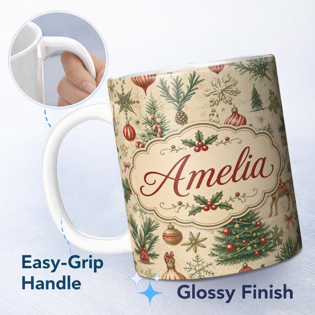 Personalized Custom Name Vintage Woodland Christmas Tree Animals Ornaments Holiday Design 11oz Ceramic Coffee Tea Mug White Large Handle