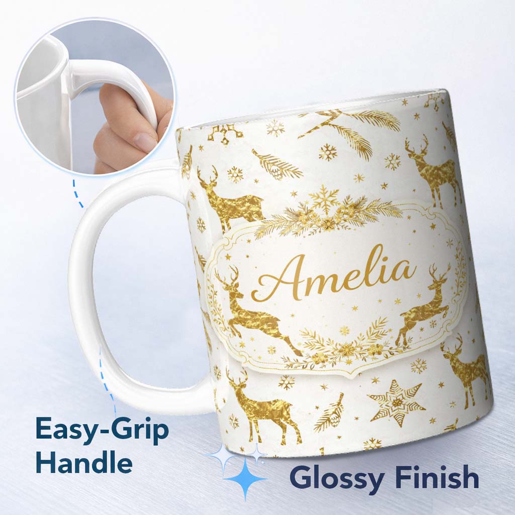 Personalized Custom Name Gold Reindeer Snowflake Christmas Pattern Luxury Festive Seamless 11oz Ceramic Coffee Tea Mug White Large Handle