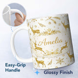 Personalized Custom Name Gold Reindeer Snowflake Christmas Pattern Luxury Festive Seamless 11oz Ceramic Coffee Tea Mug White Large Handle
