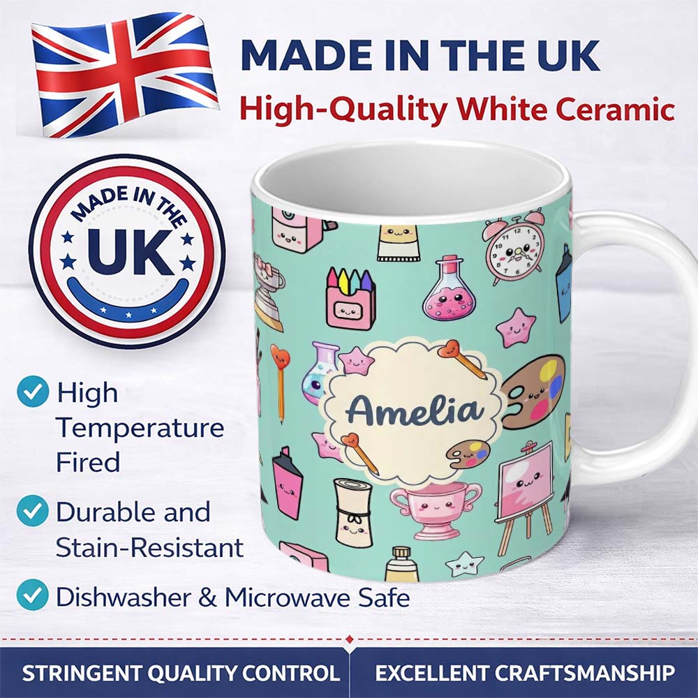 Personalized Custom Name Cute Kawaii Graduate Boy Science Art Supplies Seamless Pattern Mint 11oz Ceramic Coffee Tea Mug White Large Handle