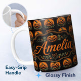 Personalized Custom Name Cute Carved Pumpkin Leaves Black Background Halloween Seamless 11oz Ceramic Coffee Tea Mug White Large Handle