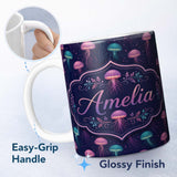 Personalized Custom Name Jellyfish Floating on Deep Purple Ocean Background Marine Lovely 11oz Ceramic Coffee Tea Mug White Large Handle