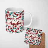 Personalized Custom Name Festive Christmas Santa Gift Snowman Seamless Pattern Lovely 11oz Ceramic Coffee Tea Mug White Large Handle