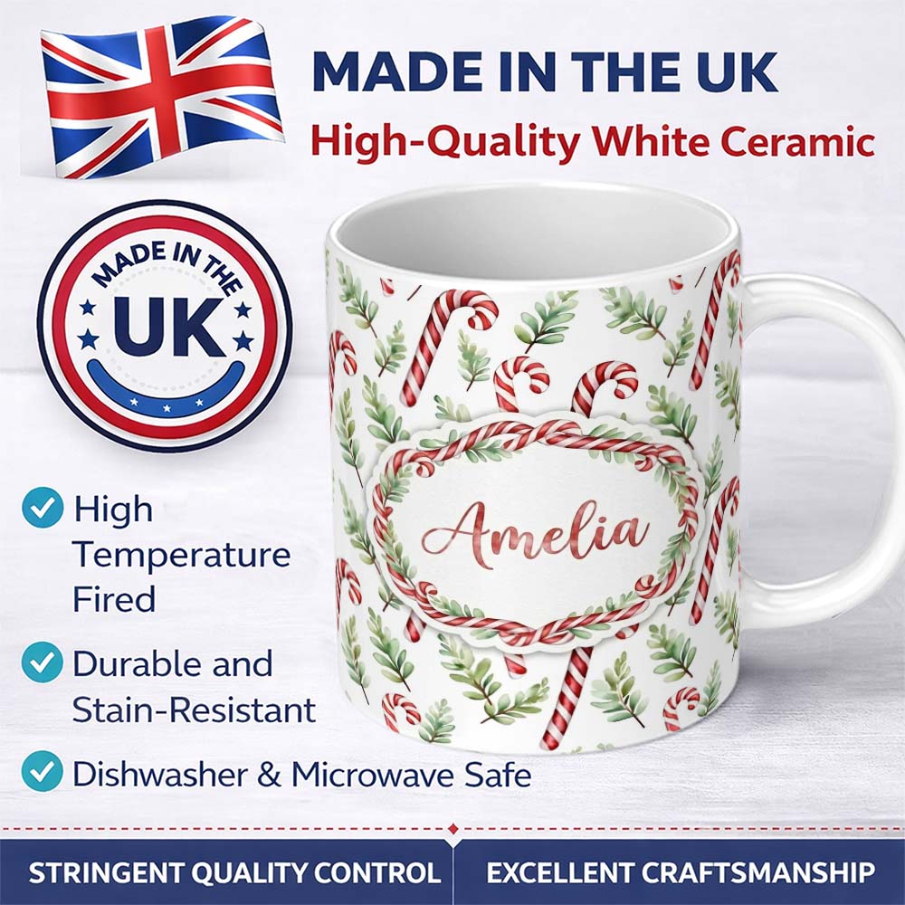 Personalized Custom Name Minimal Candy Cane Leaf Botanical Christmas Seamless Pattern Lovely 11oz Ceramic Coffee Tea Mug White Large Handle