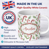 Personalized Custom Name Minimal Candy Cane Leaf Botanical Christmas Seamless Pattern Lovely 11oz Ceramic Coffee Tea Mug White Large Handle