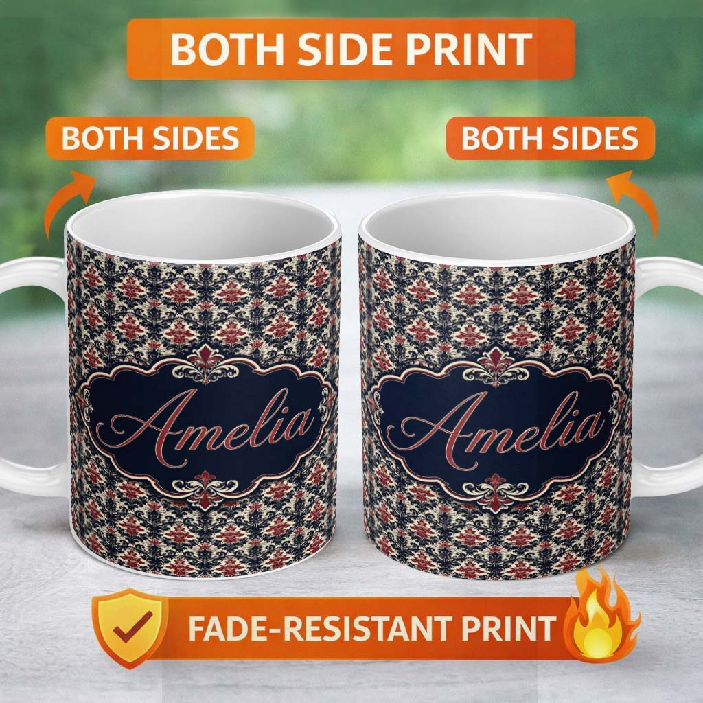Personalized Custom Name Classic Vintage Red and Navy Damask Ornamental Seamless Pattern 11oz Ceramic Coffee Tea Mug White Large Handle