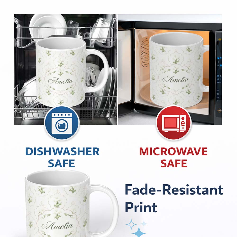 Personalized Custom Name Elegant Vintage Tulip Floral Frame Pattern with Soft Neutral Lovely 11oz Ceramic Coffee Tea Mug White Large Handle