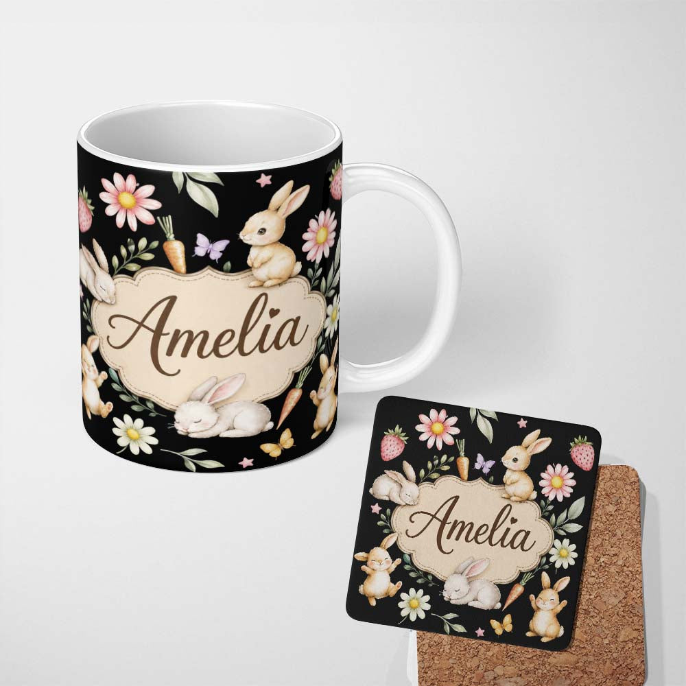 Personalized Custom Name Cute Bunny Rabbits Carrots Flowers Spring Garden Seamless Pattern 11oz Ceramic Coffee Tea Mug White Large Handle
