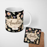 Personalized Custom Name Cute Bunny Rabbits Carrots Flowers Spring Garden Seamless Pattern 11oz Ceramic Coffee Tea Mug White Large Handle