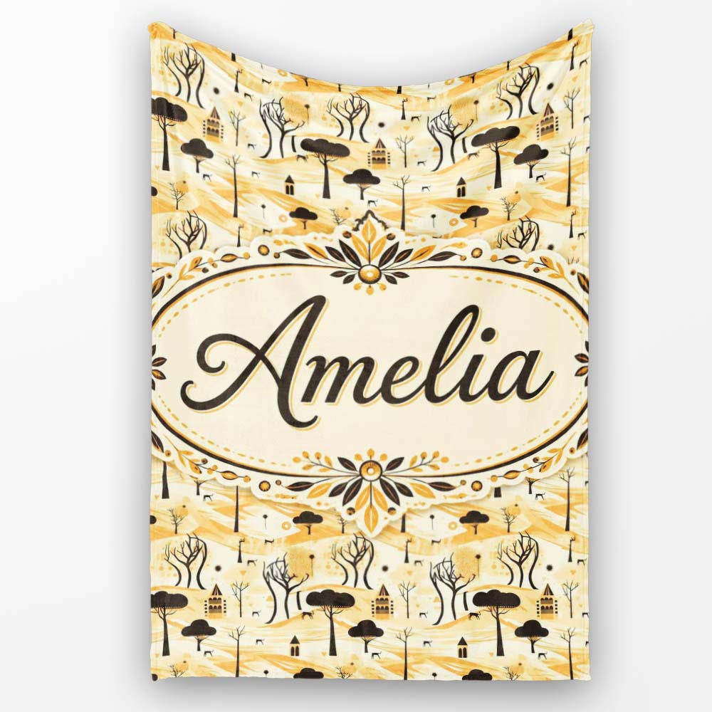 Minimalist African Savanna Pattern with Trees Wildlife and Village  Personalised Custom Name Super Soft Fleece Blanket Bed Sofa Throw