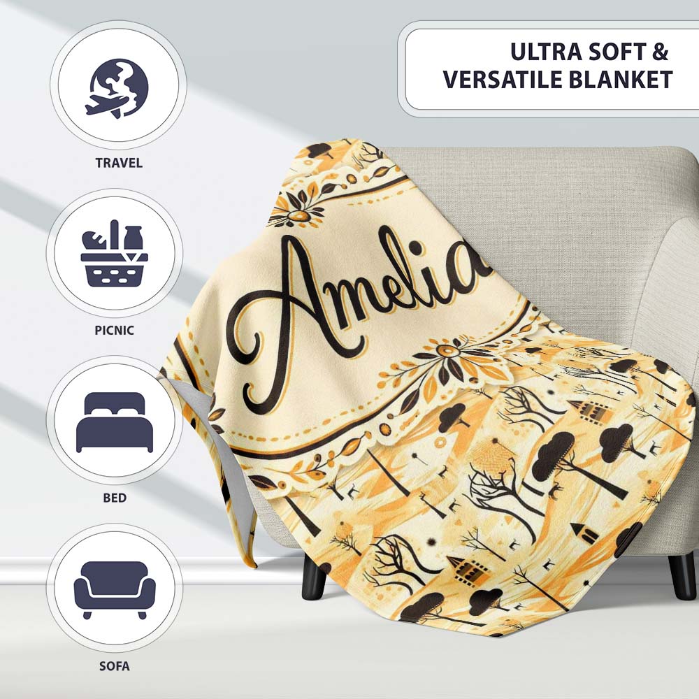 Minimalist African Savanna Pattern with Trees Wildlife and Village  Personalised Custom Name Super Soft Fleece Blanket Bed Sofa Throw