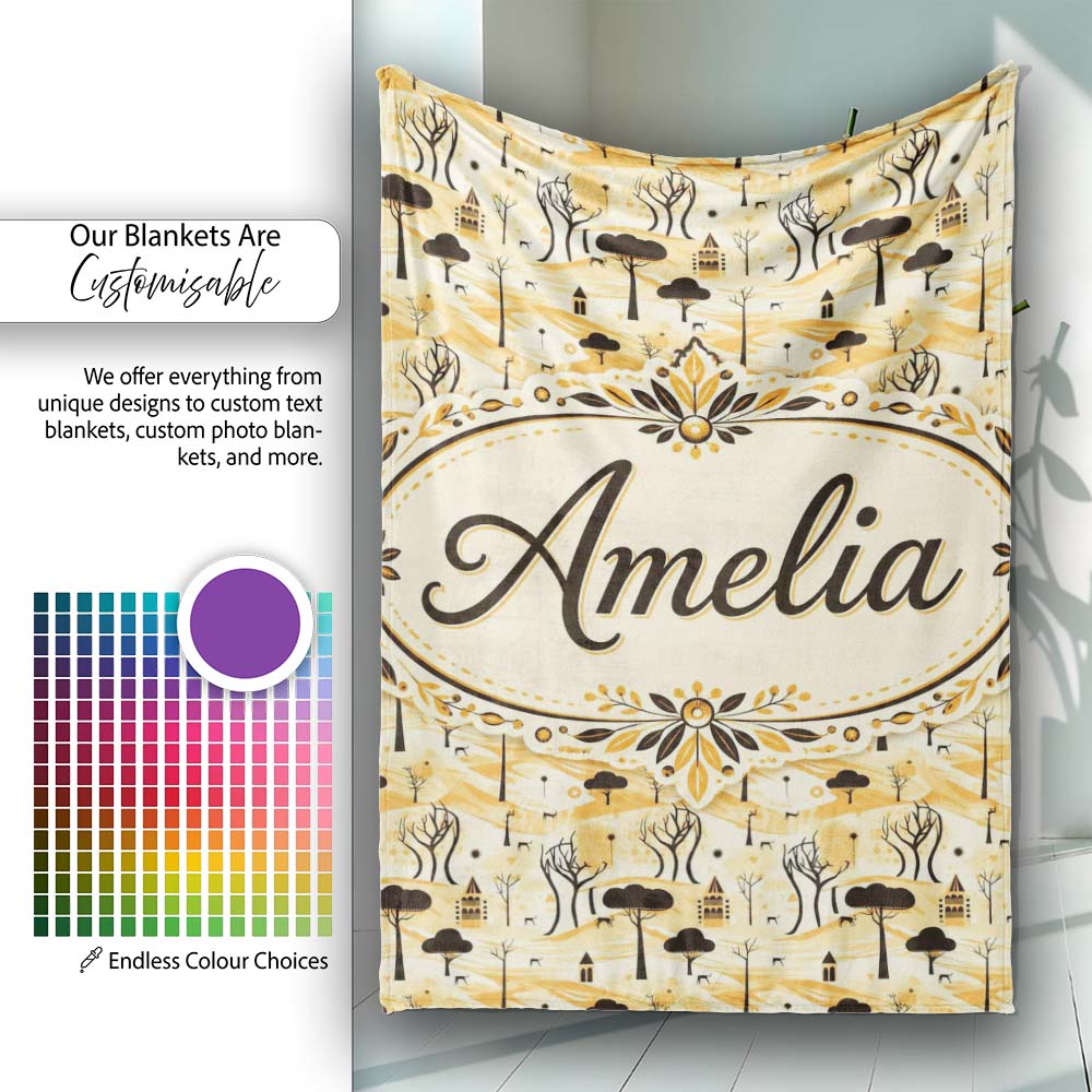 Minimalist African Savanna Pattern with Trees Wildlife and Village  Personalised Custom Name Super Soft Fleece Blanket Bed Sofa Throw