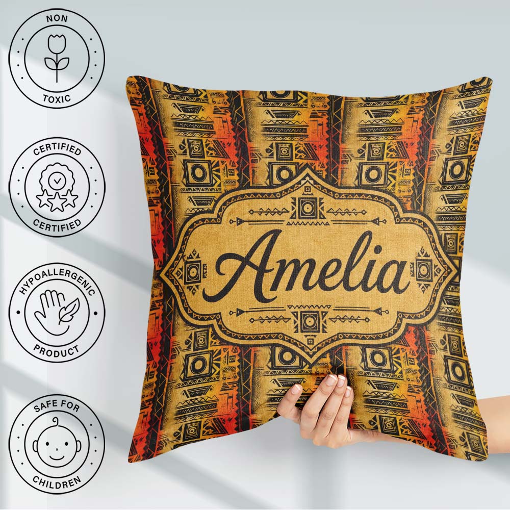 Custom Name Bold Tribal Panel with Geometric Blocks in Black and Square Filled Cushion Throw Pillow Sofa Bed Home Decor Zip Washable UK Made