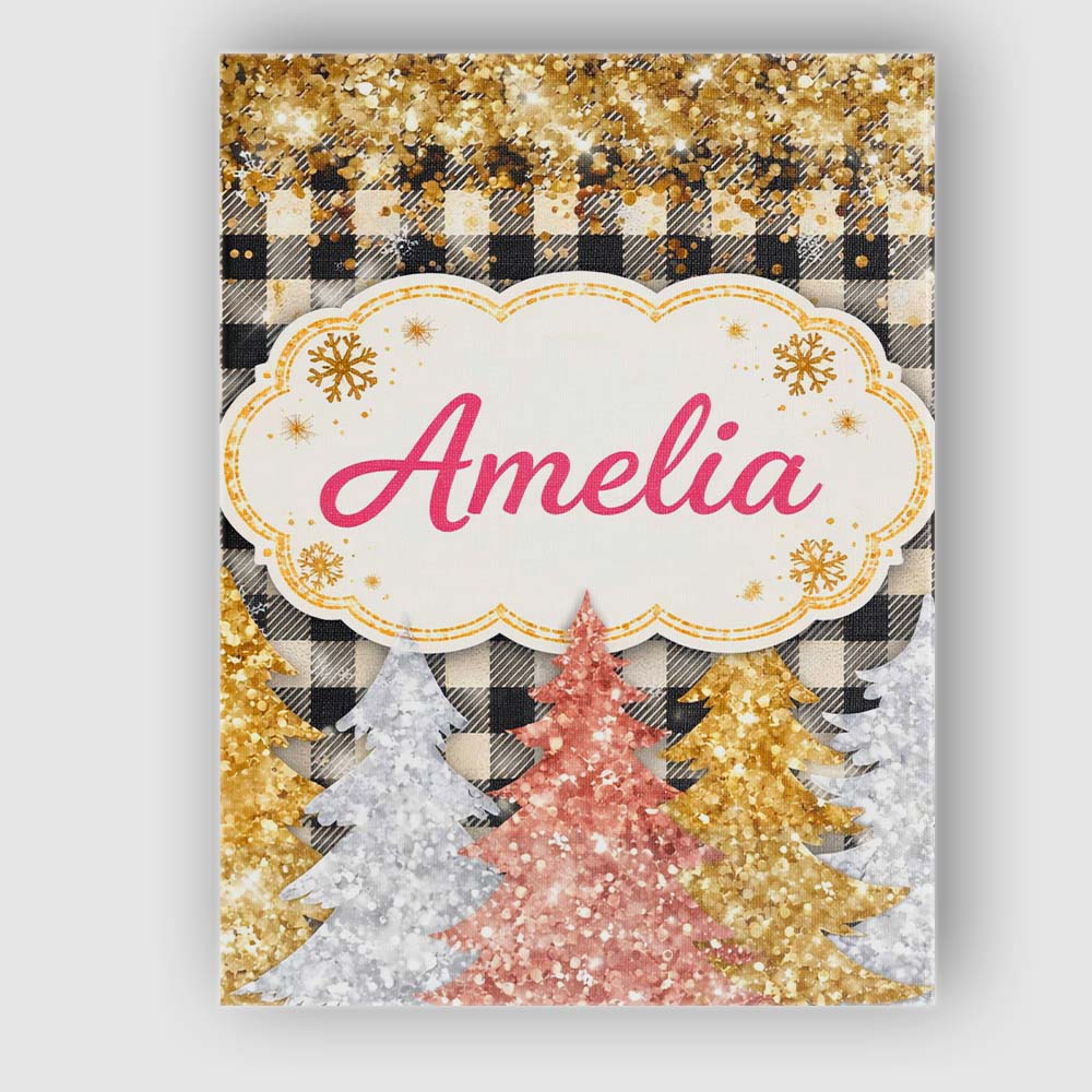 Personalised Name Black Gold Christmas Plaid Pattern Festive Snowflake Custom Decorative Canvas Wall Art Print Decor Picture Ready to Hang