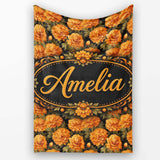Orange Chrysanthemum Floral on Black Background with Detailed Petals  Personalised Custom Name Super Soft Fleece Blanket Bed Sofa Throw