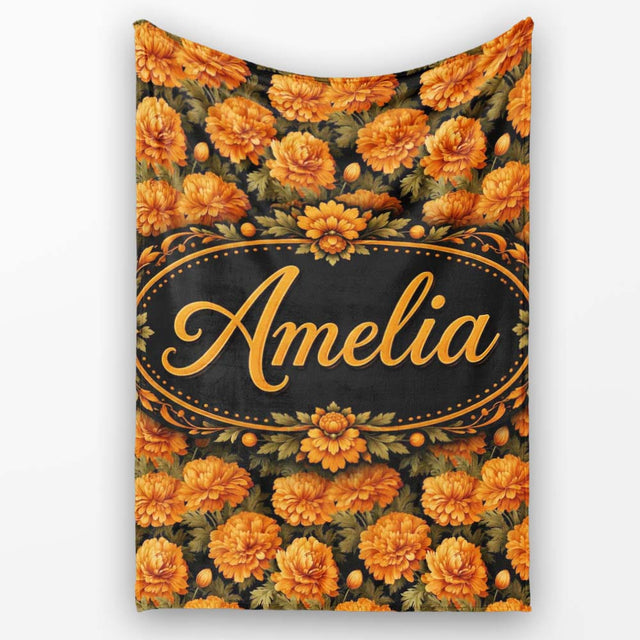 Orange Chrysanthemum Floral on Black Background with Detailed Petals  Personalised Custom Name Super Soft Fleece Blanket Bed Sofa Throw