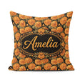 Custom Name Orange Chrysanthemum Floral on Black Background with Square Filled Cushion Throw Pillow Sofa Bed Home Decor Zip Washable UK Made