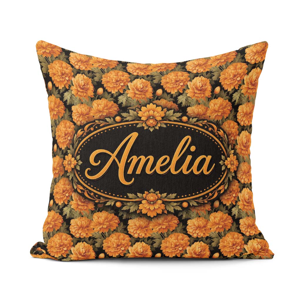 Custom Name Orange Chrysanthemum Floral on Black Background with Square Filled Cushion Throw Pillow Sofa Bed Home Decor Zip Washable UK Made