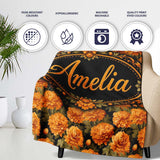 Orange Chrysanthemum Floral on Black Background with Detailed Petals  Personalised Custom Name Super Soft Fleece Blanket Bed Sofa Throw