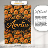Orange Chrysanthemum Floral on Black Background with Detailed Petals  Personalised Custom Name Super Soft Fleece Blanket Bed Sofa Throw